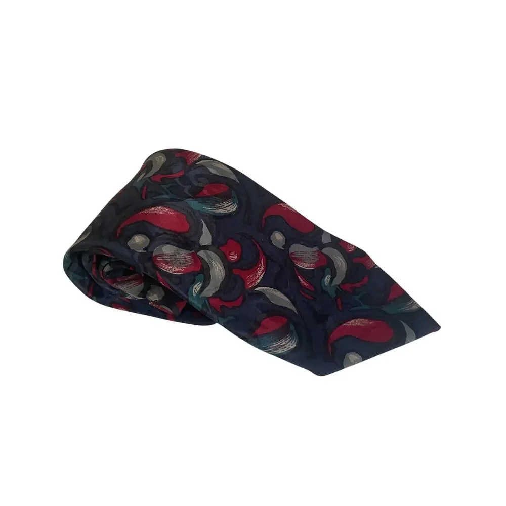 Vintage Geoffrey Beene Men’s 100% Silk Tie Navy Red Teal Abstract Print Necktie